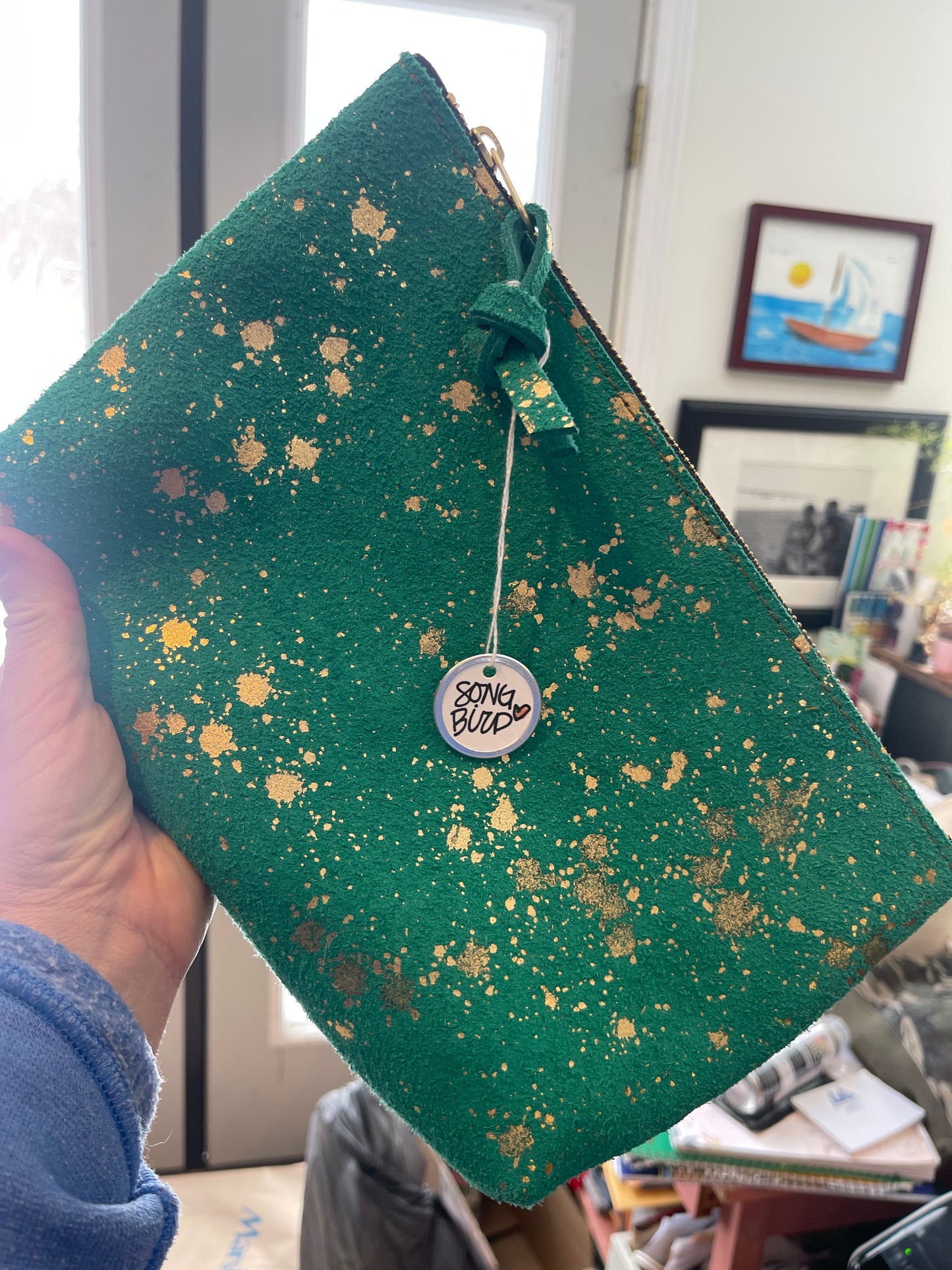 Large Green Leather/Gold Speckled Pouch