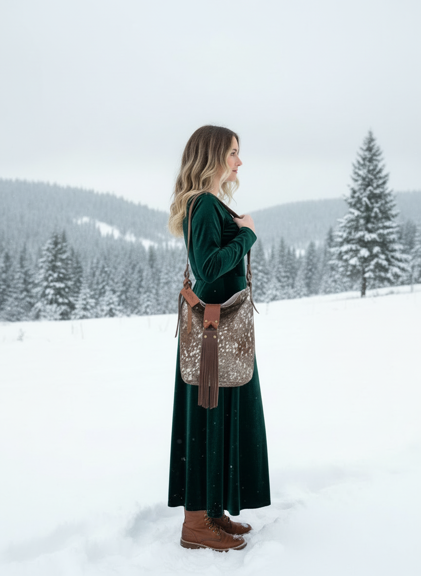 Metallic handbag with fringes on a mannequin against a plain background