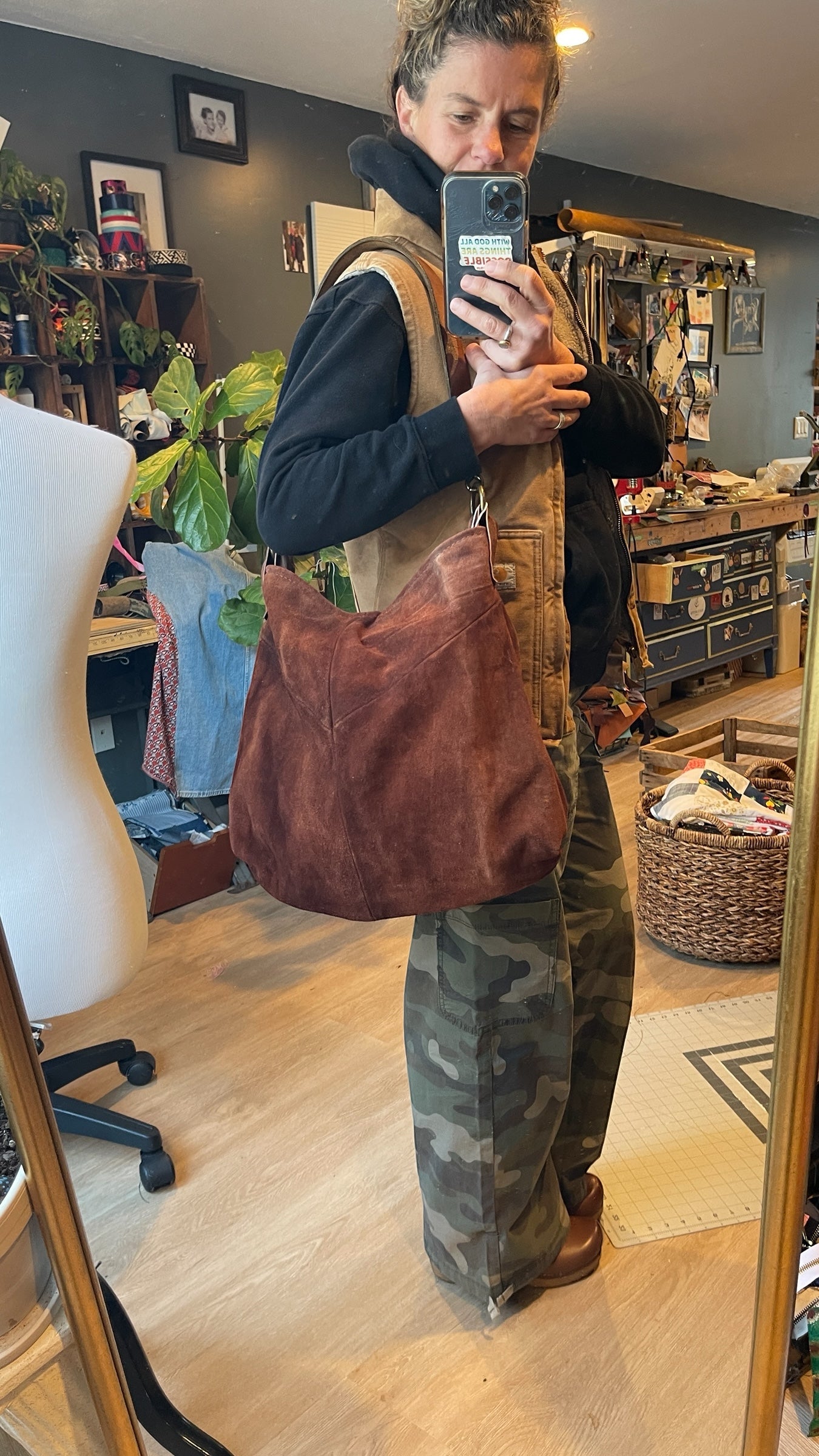 Upcycled Suede Slouchy Shoulder Bag