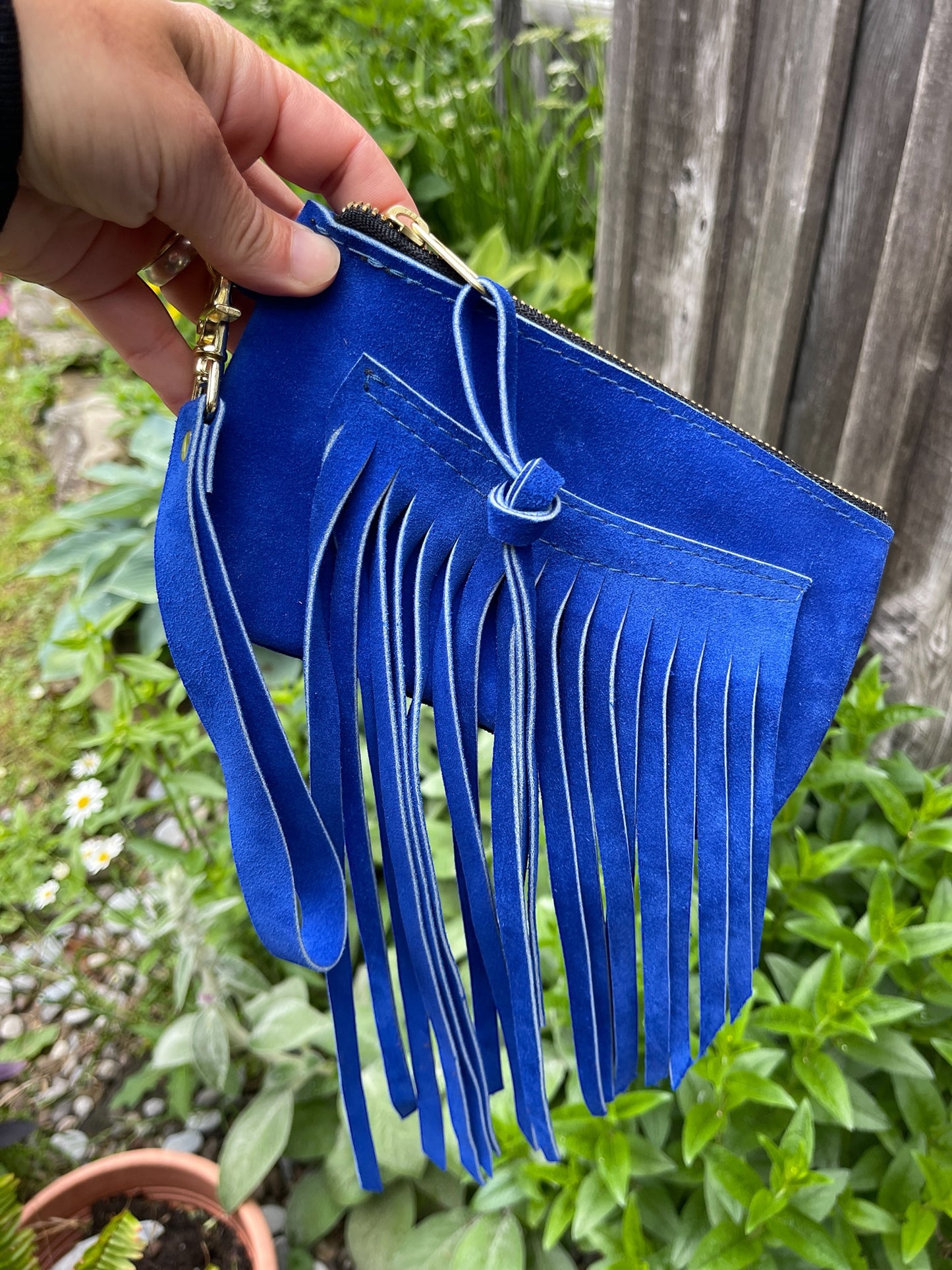 Blue Suede Fringe Clutch