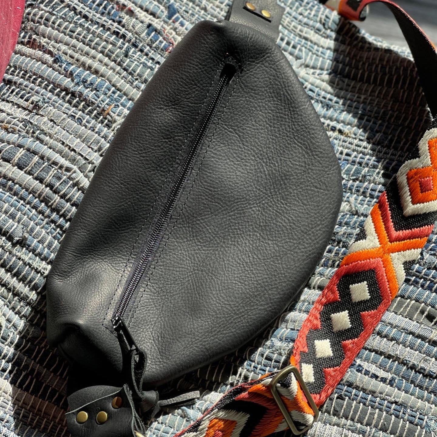 Black Leather Sling Bag - embroidered strap