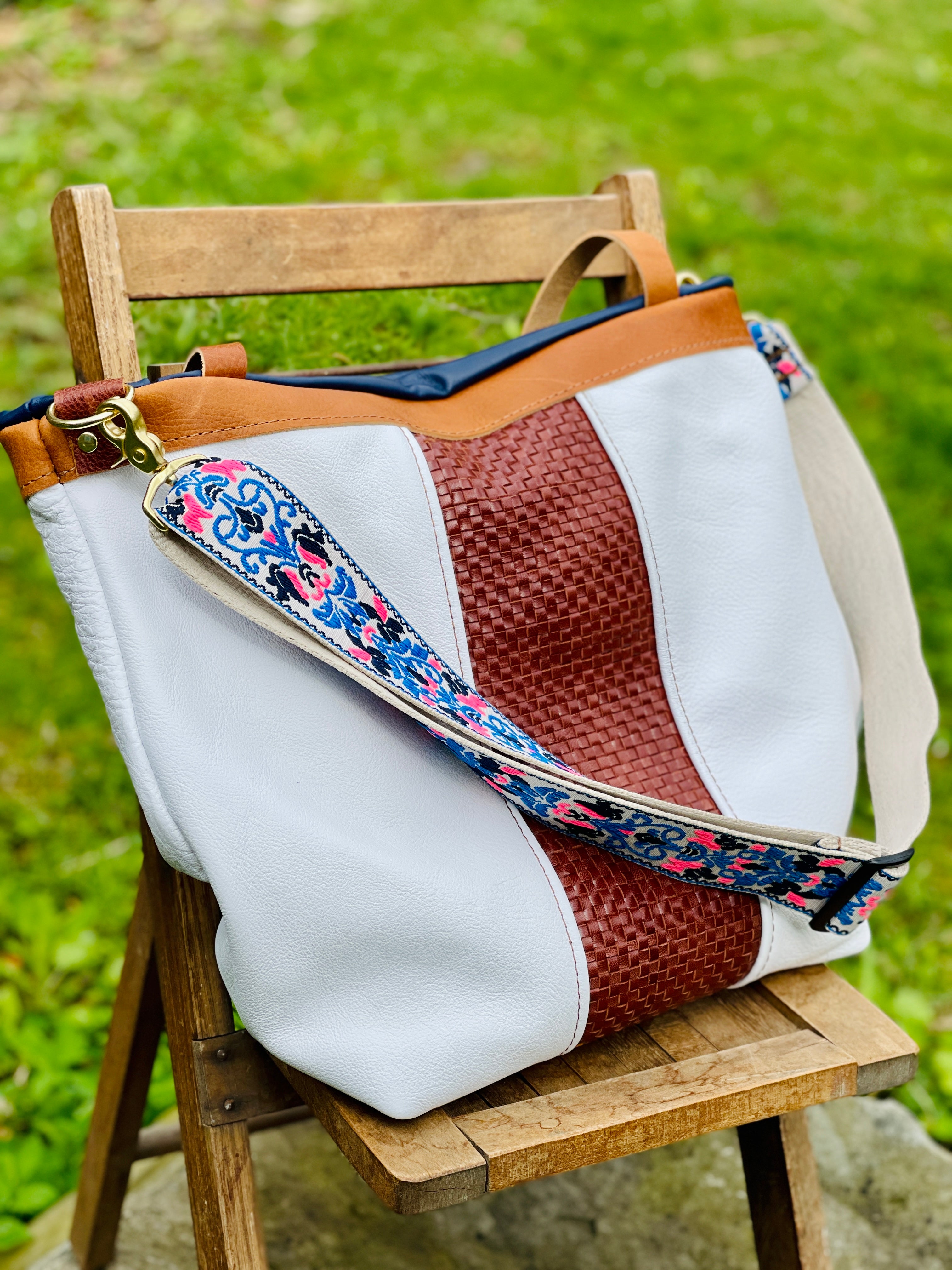 White Leather /Woven Tote
