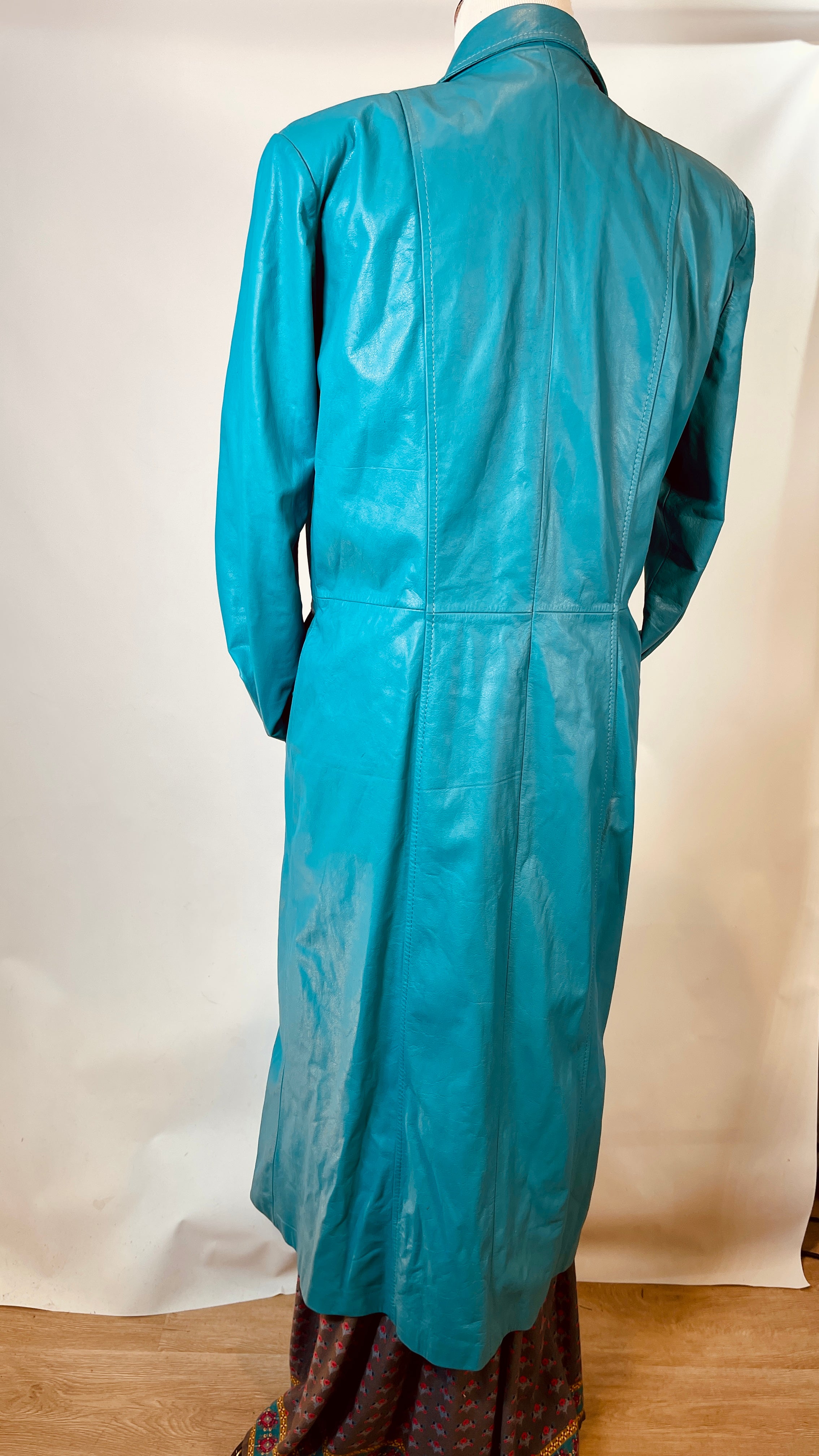 Womens Vintage Turquoise Leather Trench