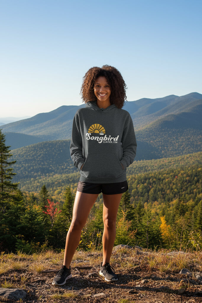 woman wearing songbird sweatshirt