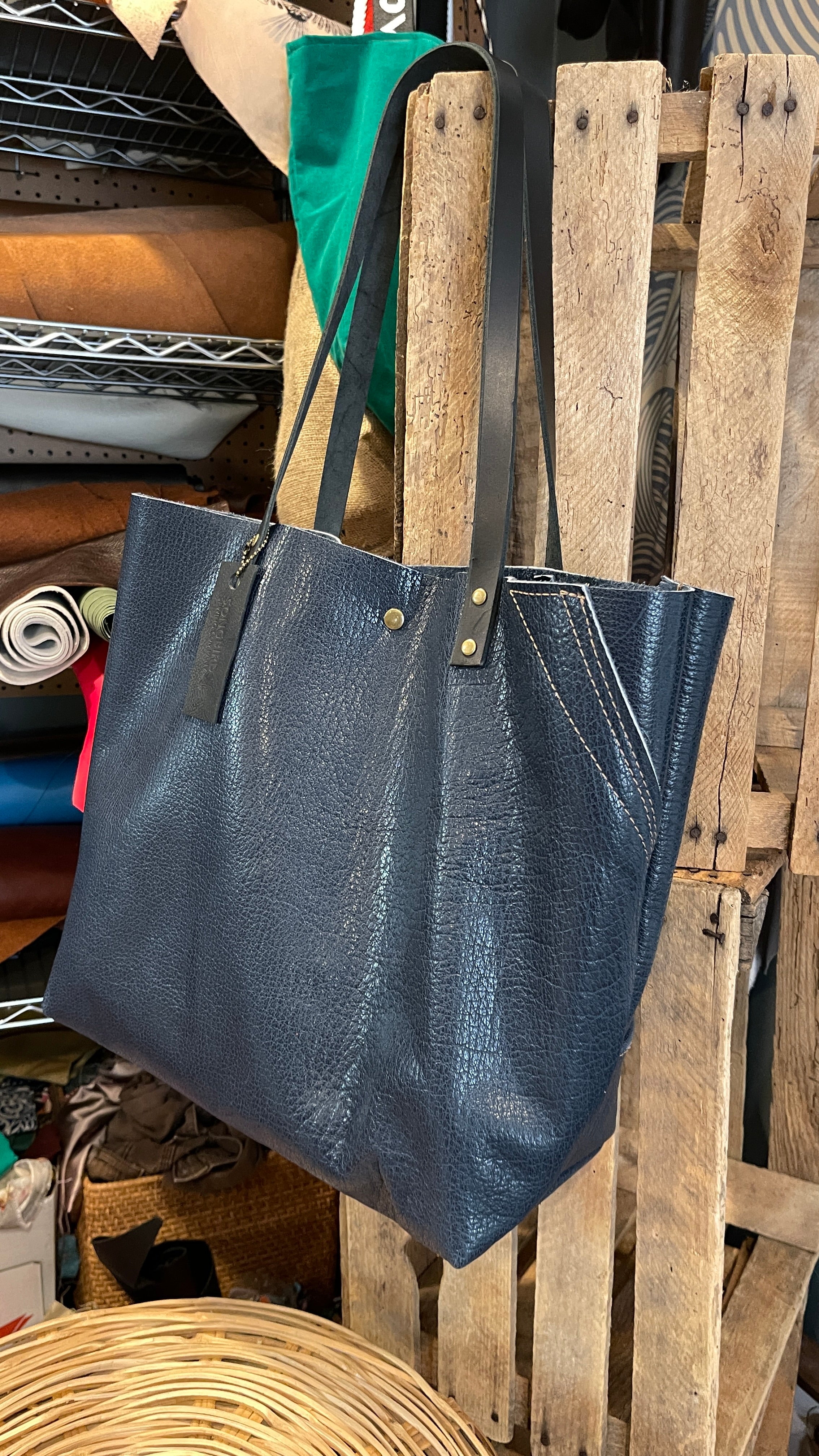 Oversized Blue Leather Tote