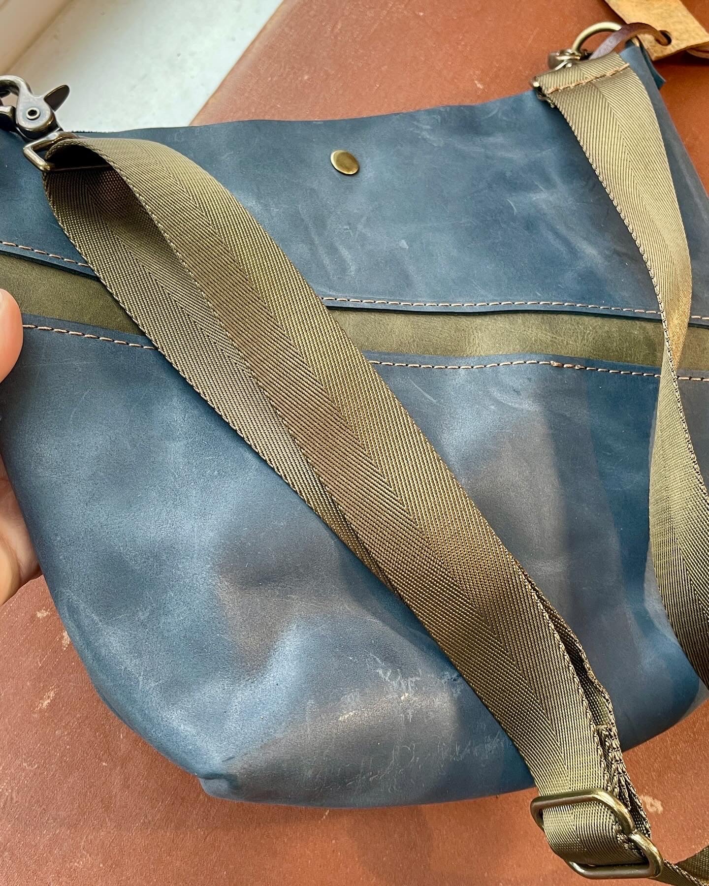 Navy Blue/Green Leather Stripe Shoulder Bag