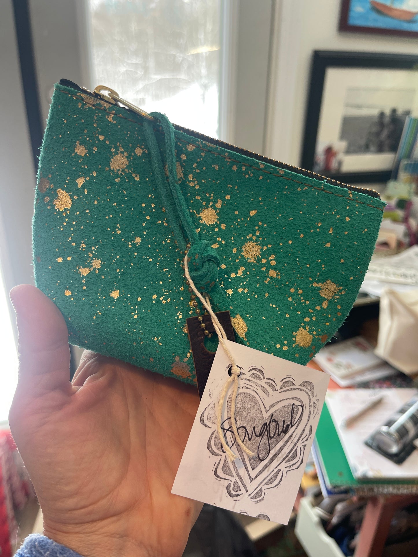 Small Green Leather Gold Speckled Pouch