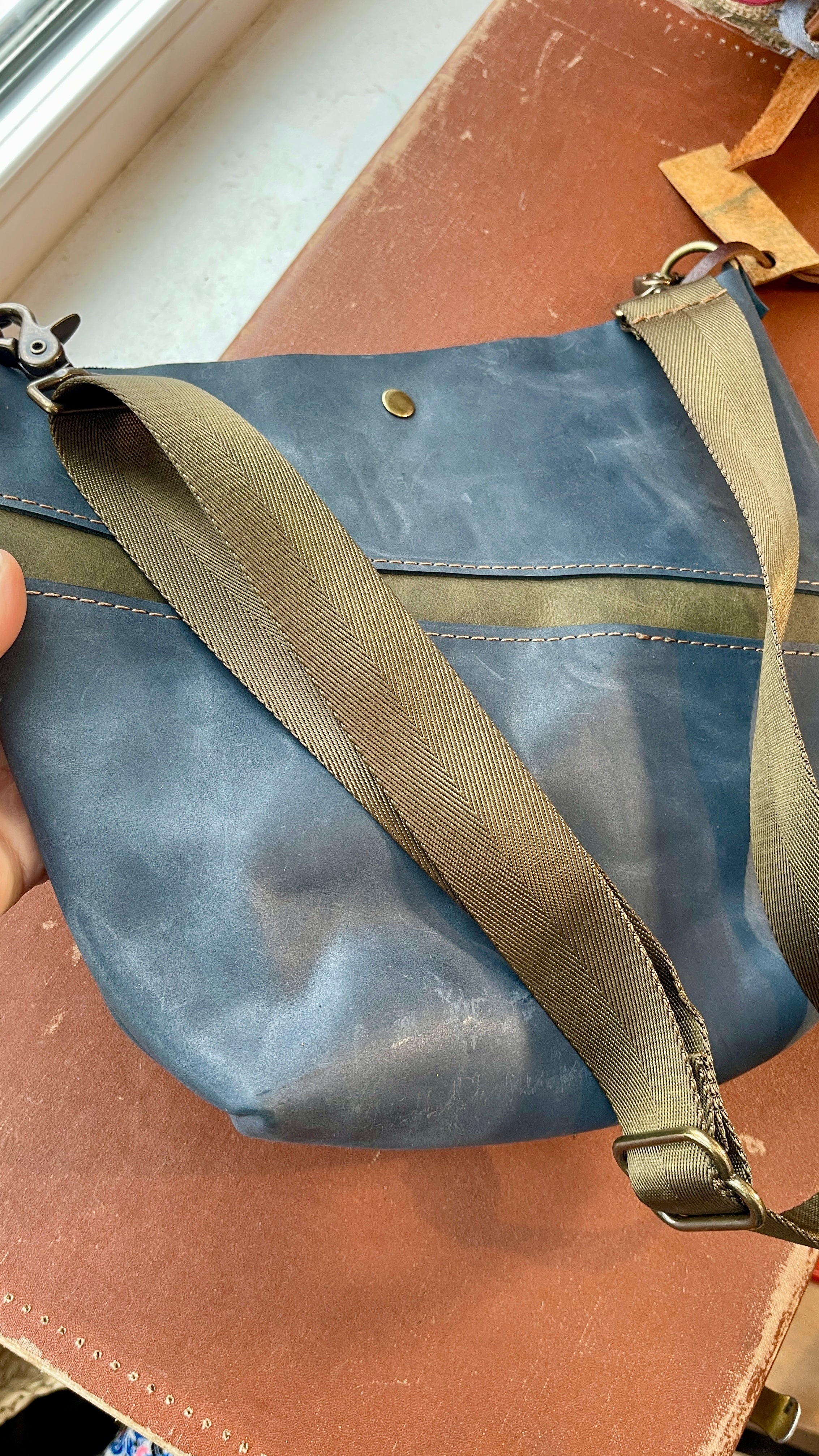 Navy Blue/Green Leather Stripe Shoulder Bag