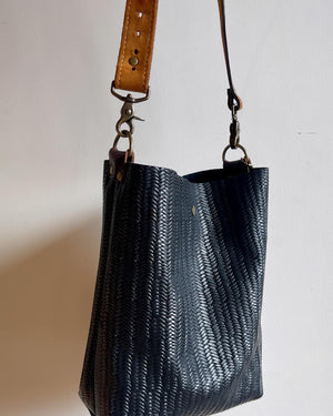 Black Woven Leather Bucket Bag