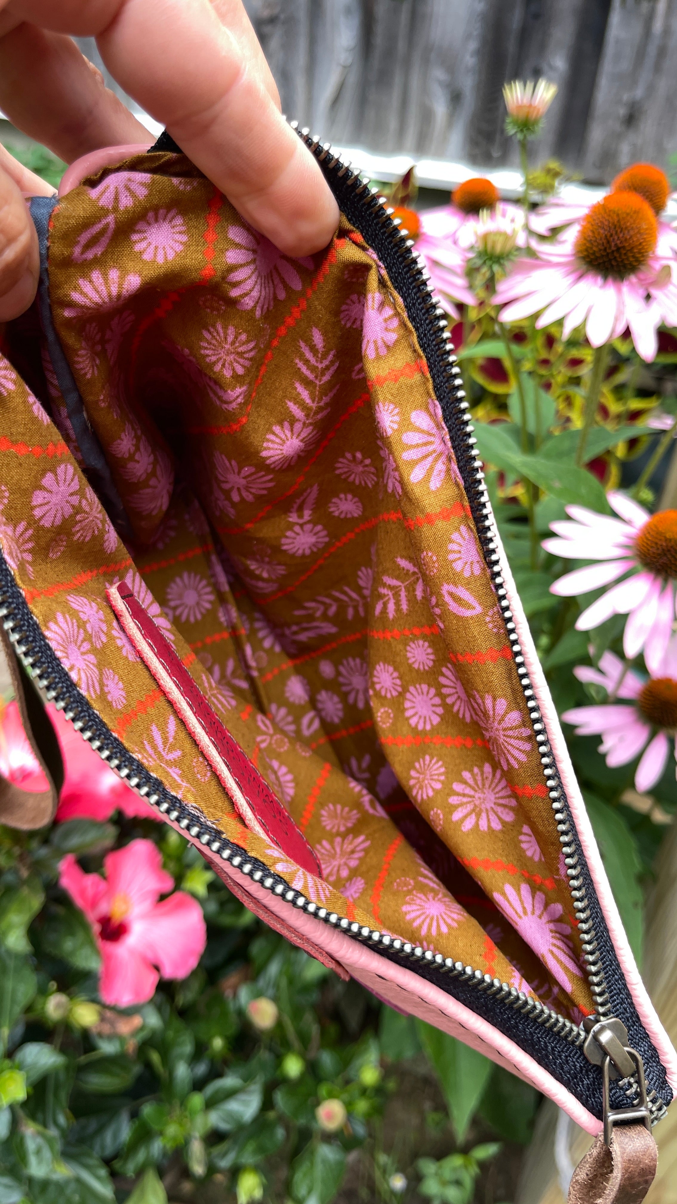 Pink Leather Flower Pouch