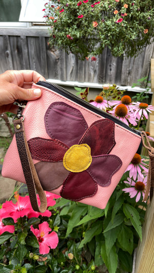 Pink Leather Flower Pouch