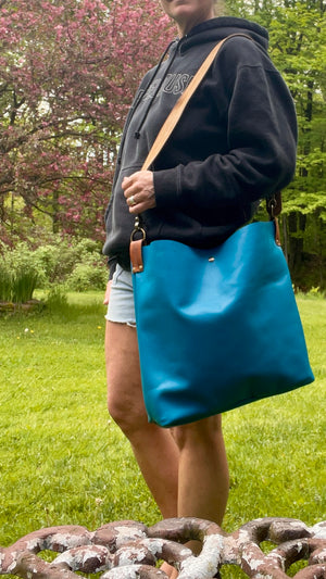 Large Blue Leather Summer Tote