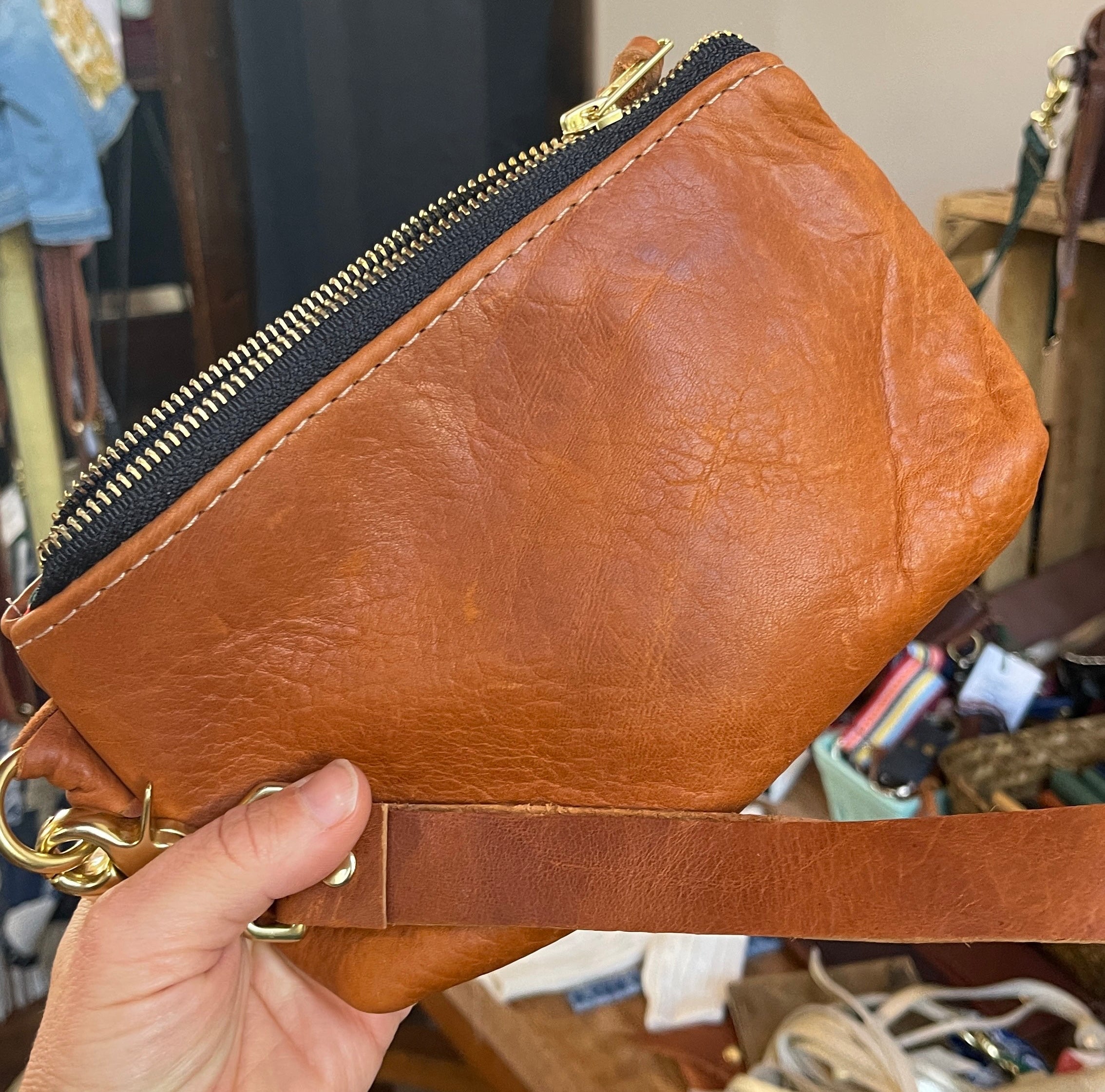 Camel Leather Tote And Wristlet Set