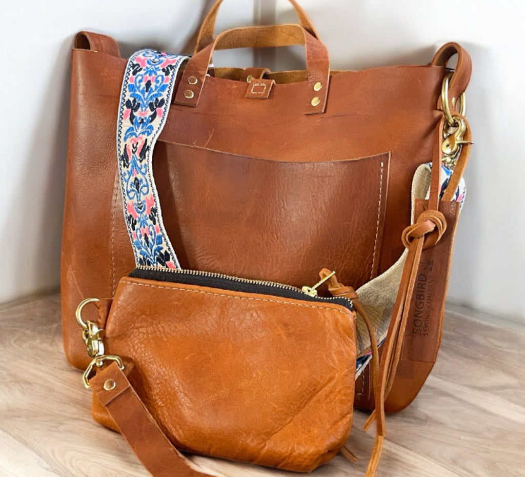 Camel Leather Tote And Wristlet Set