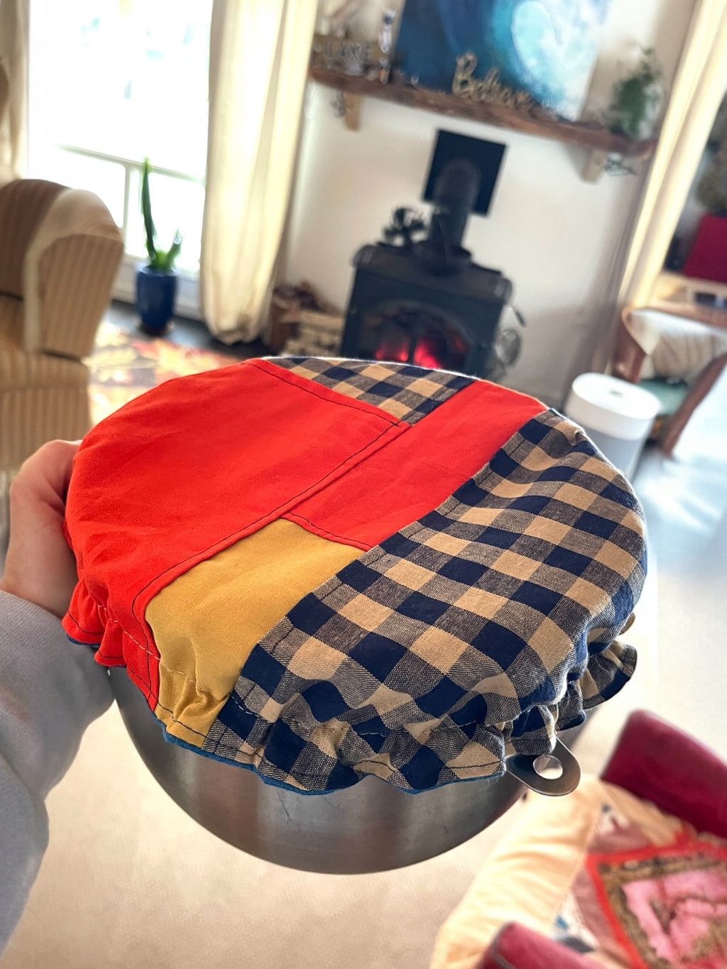 Medium Patchwork Blue Gingham Bowl Cover