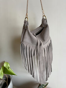 Gray Suede Fringe Bag