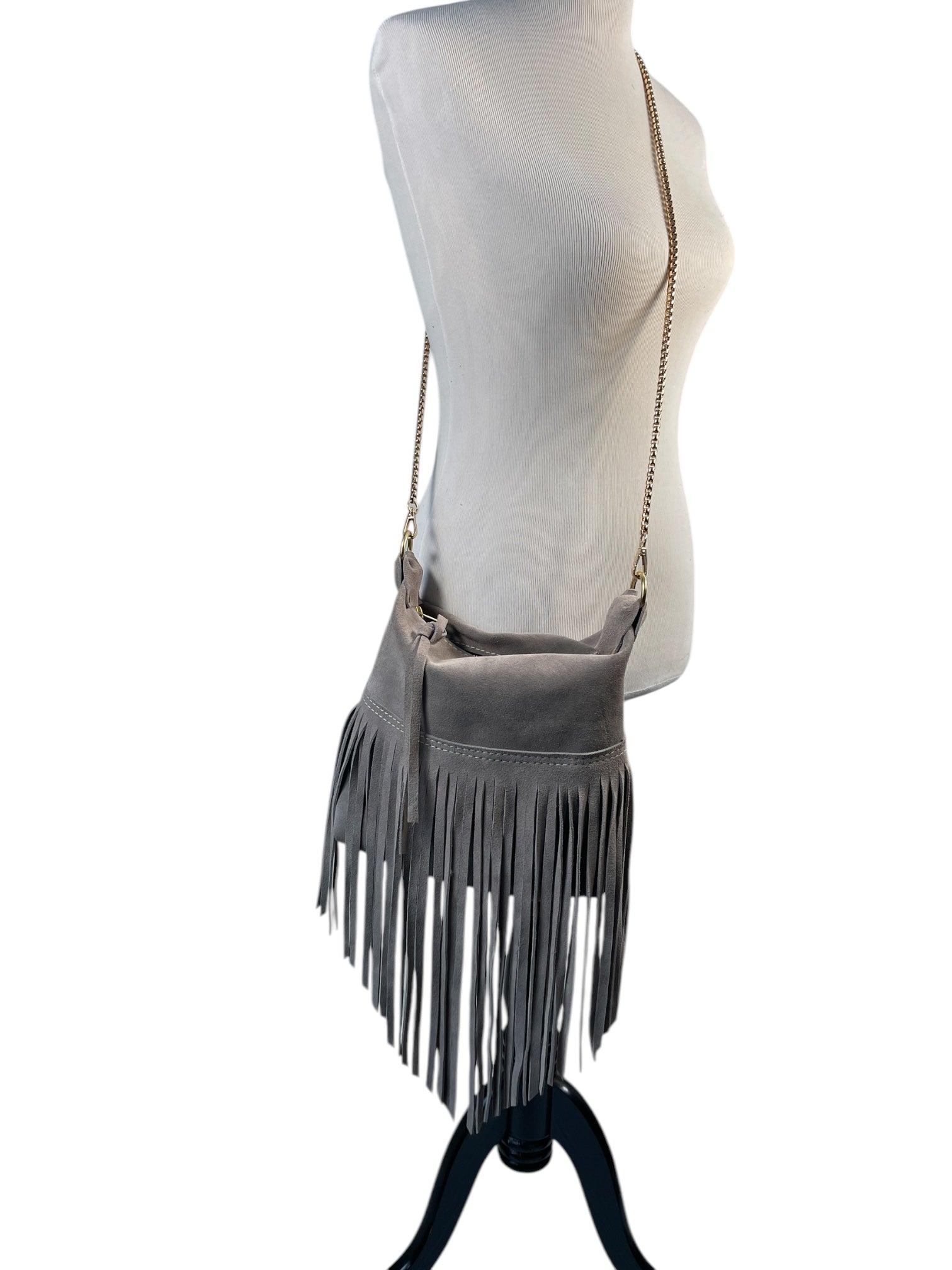 Gray Suede Fringe Bag