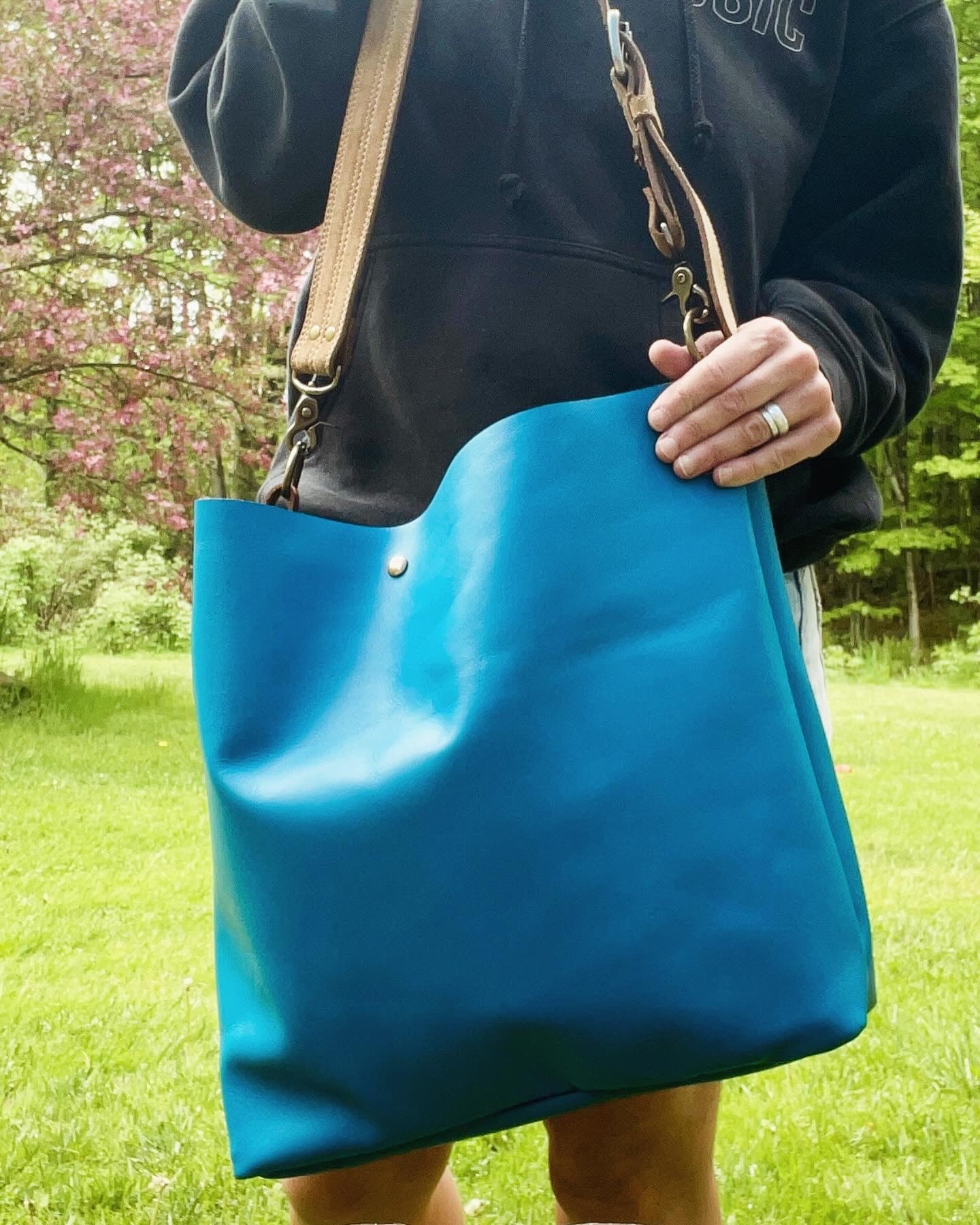 Large Blue Leather Summer Tote