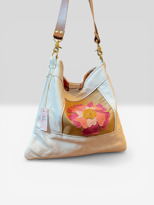 White Pebble Leather Peony Shoulder Bag