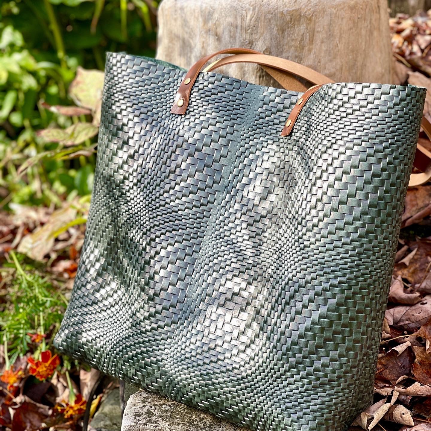 Blue Woven Leather Tote