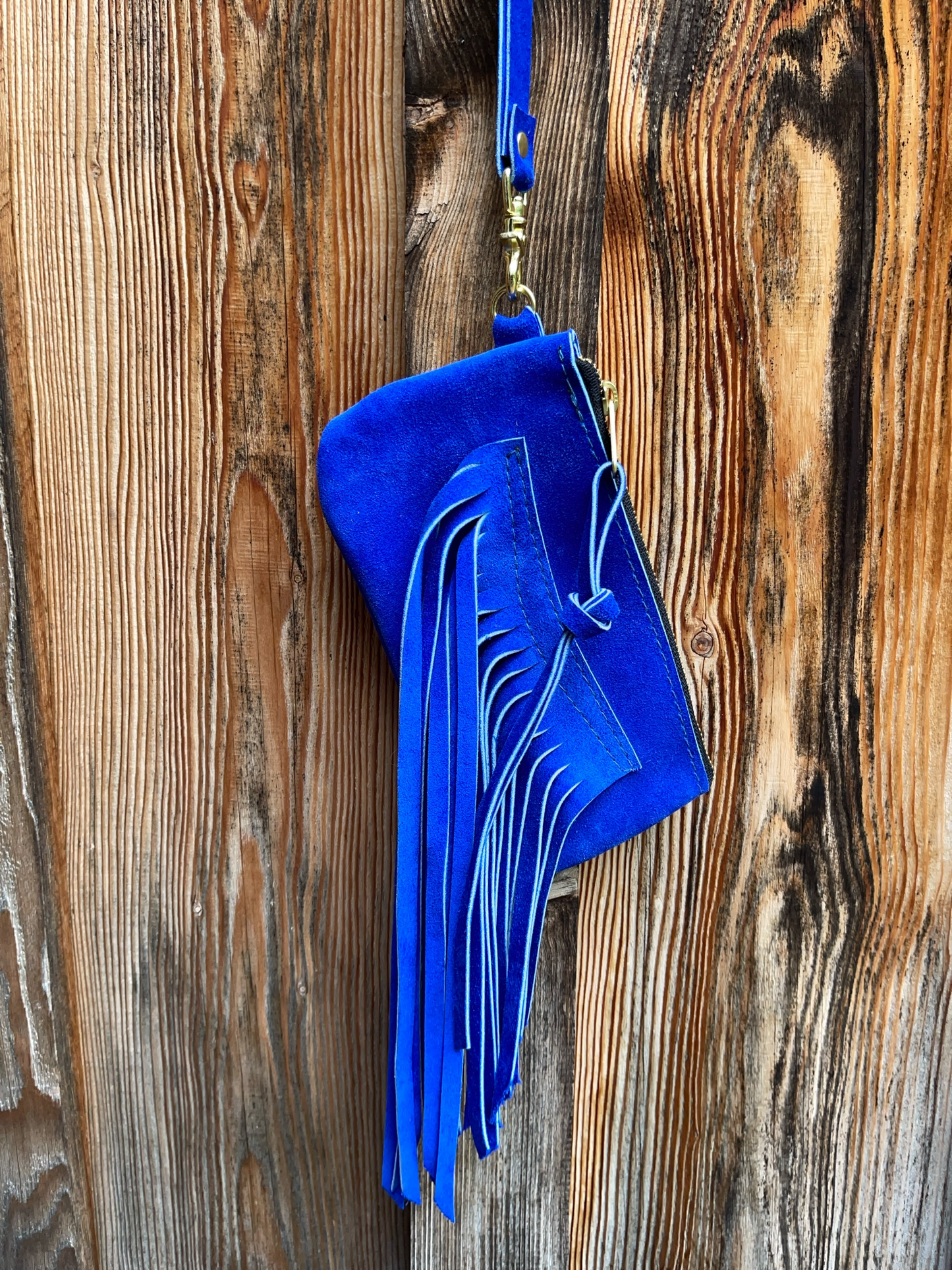 Blue Suede Fringe Clutch