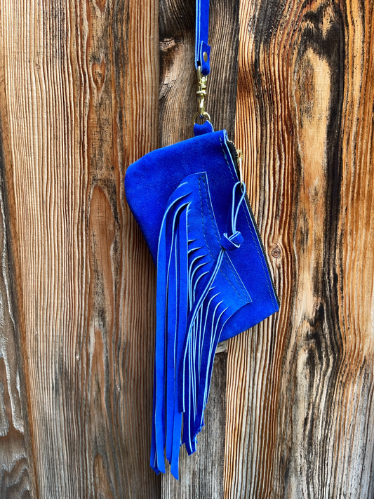 Blue Suede Fringe Clutch