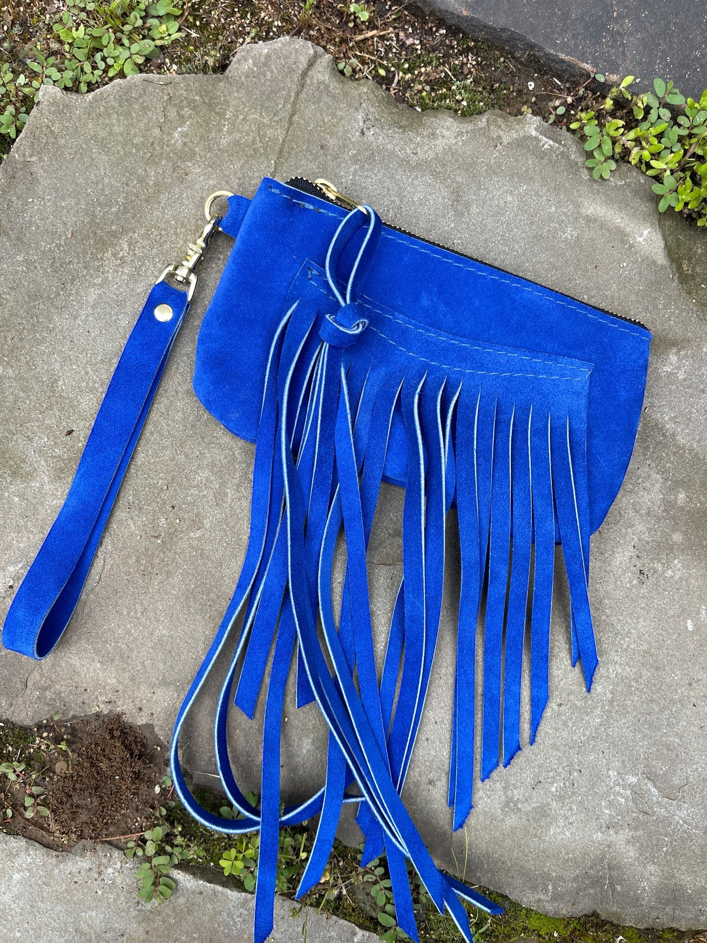 Blue Suede Fringe Clutch