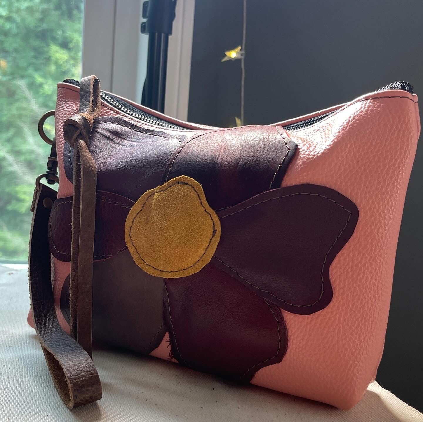 Pink Leather Flower Pouch