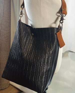 Black Woven Leather Bucket Bag