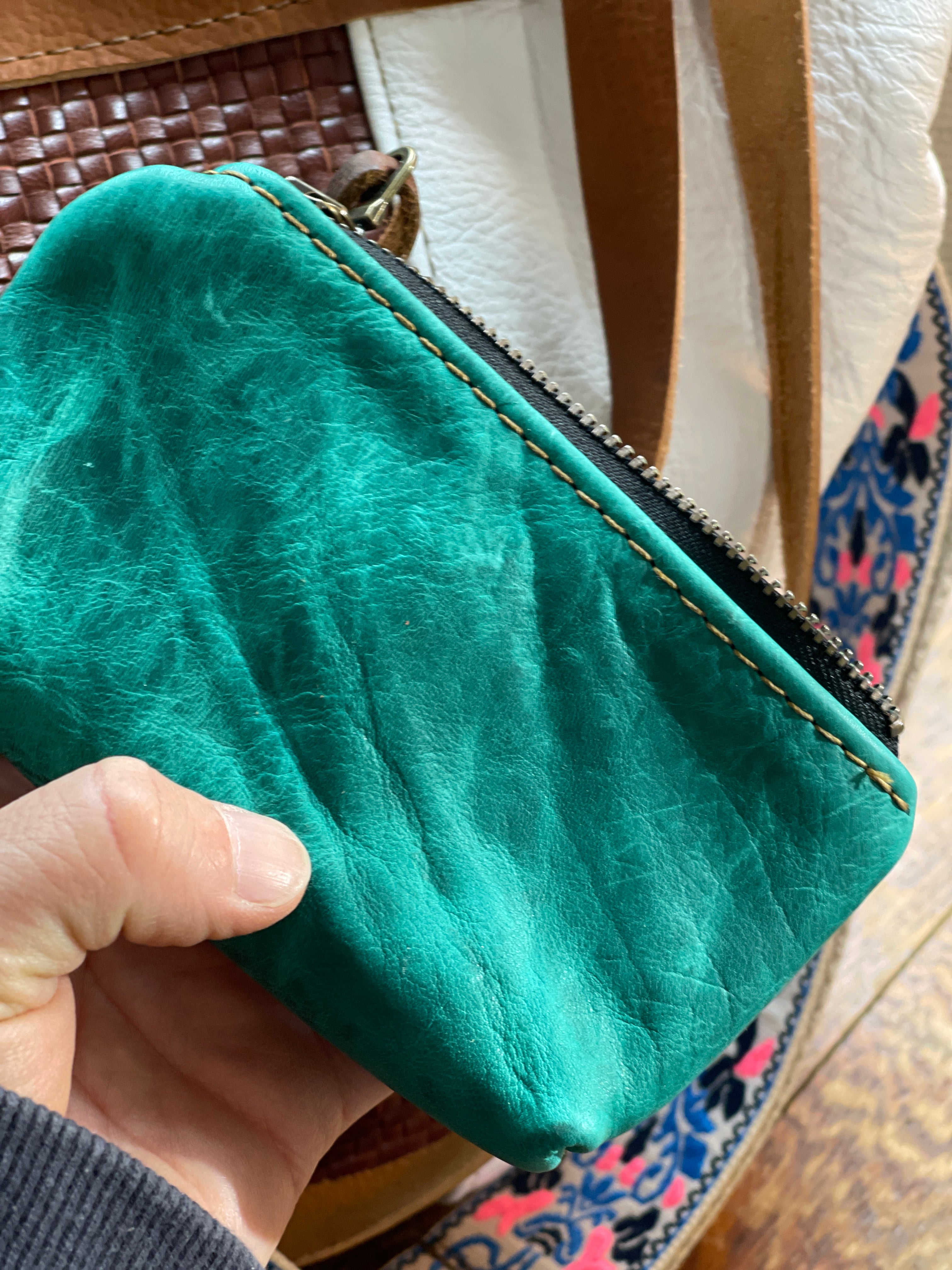 Turquoise Leather Pouch with Flower