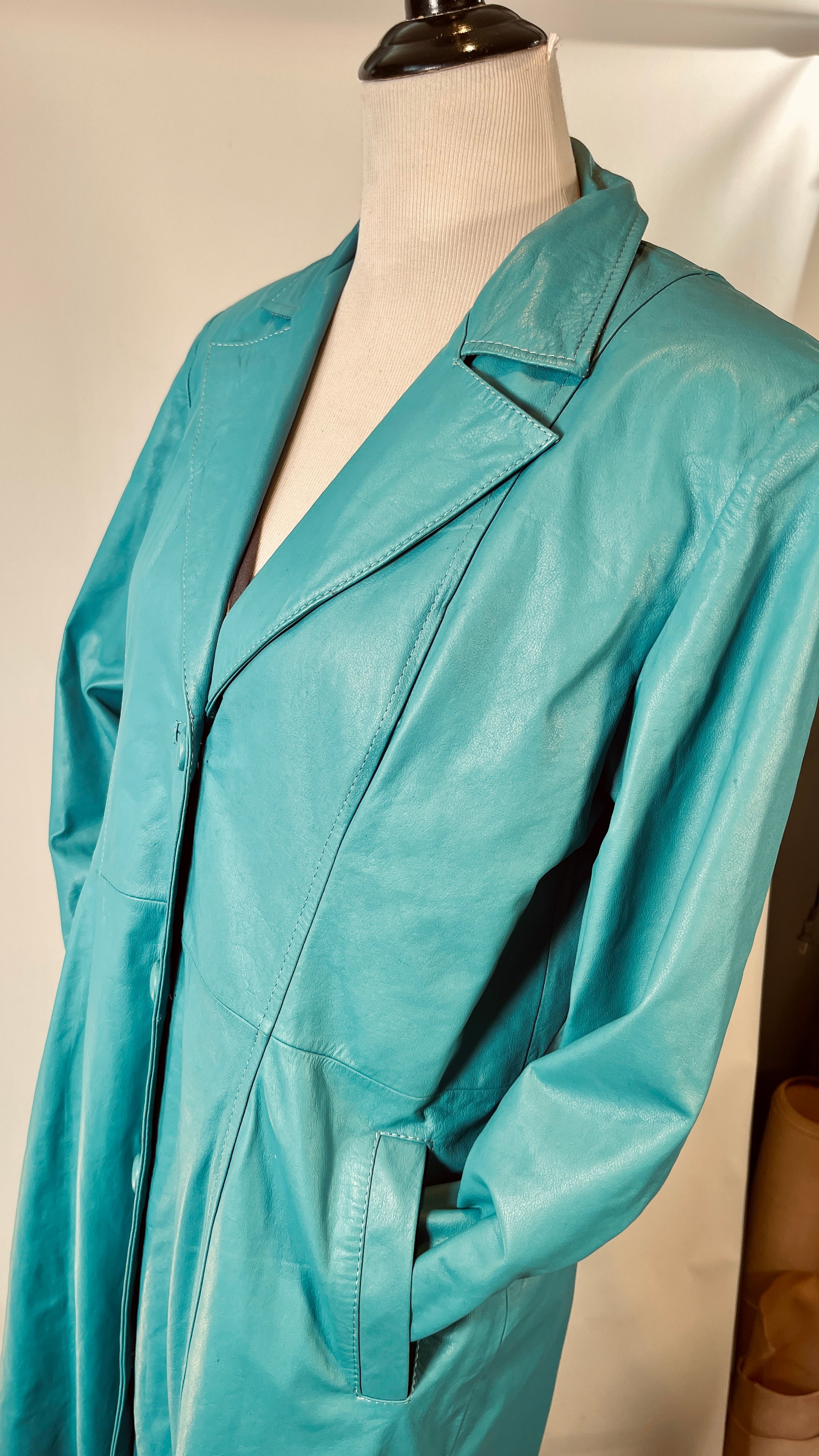 Womens Vintage Turquoise Leather Trench
