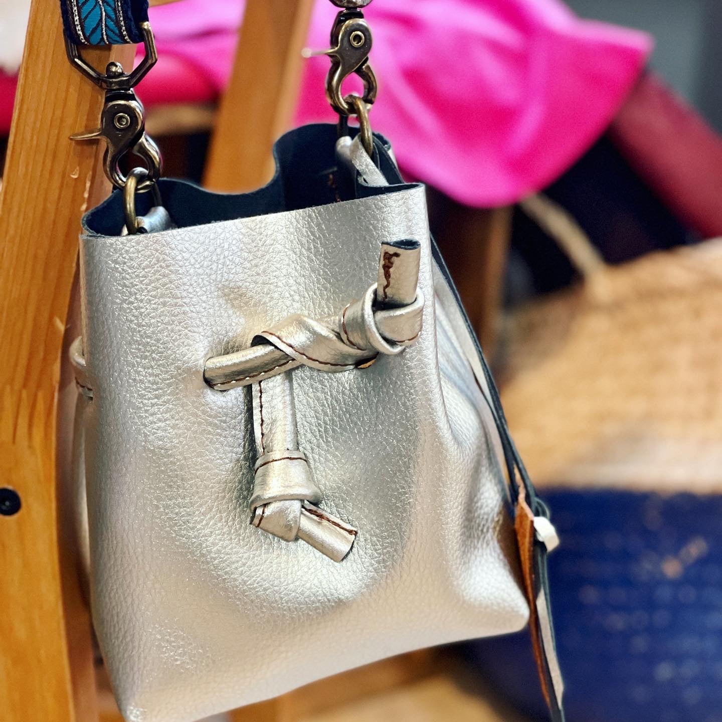 Silver Metallic Leather Mini Bucket Bag