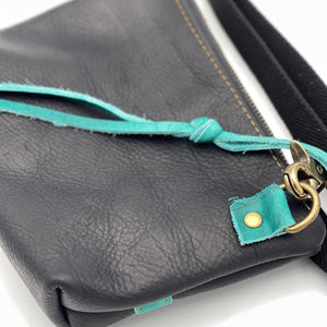Small Black Leather Crossbody with Turquoise Stripe