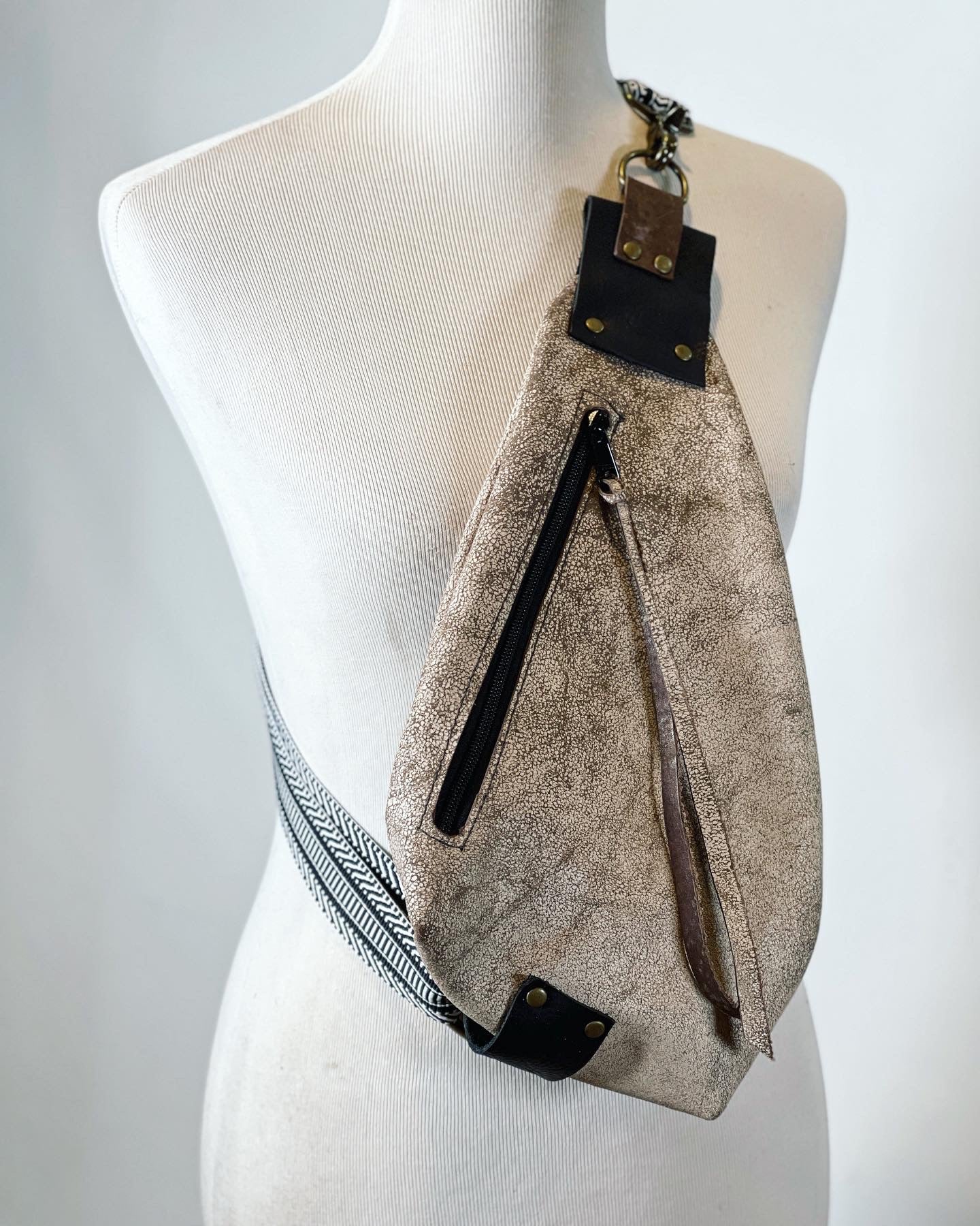 Distressed White Leather Sling Bag