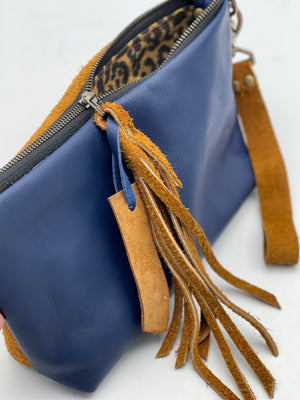 Tobacco Suede and navy Leather Clutch