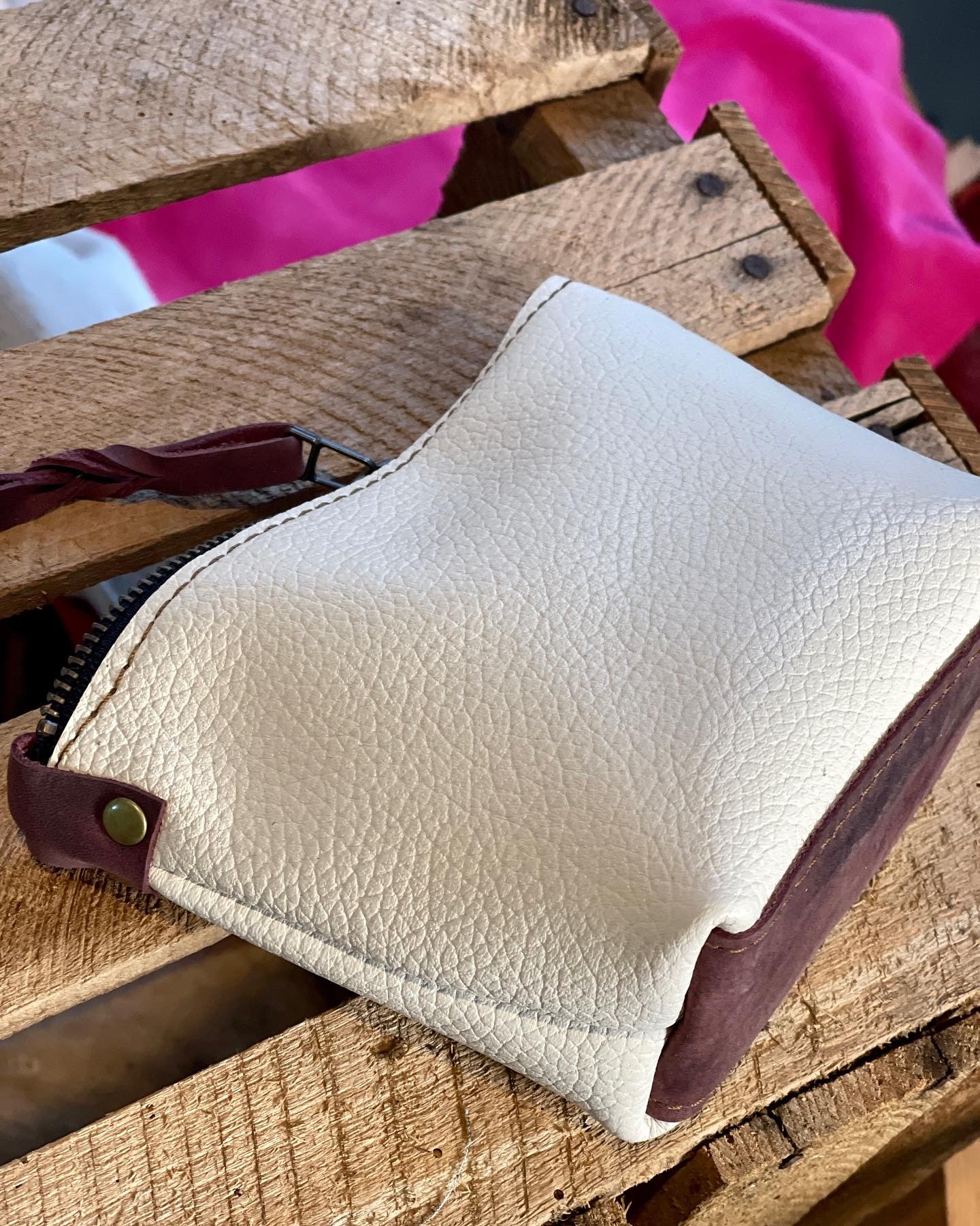 White Pebbled Leather Make up Bag