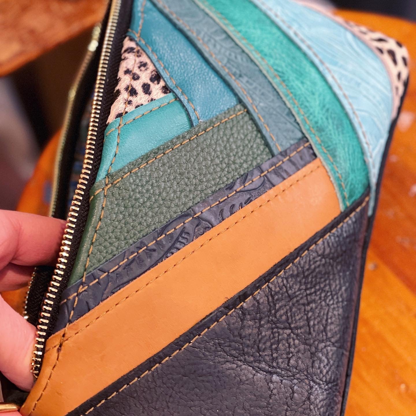 Striped Leather Clutch- Teal/Tan/Spotted Cowhide