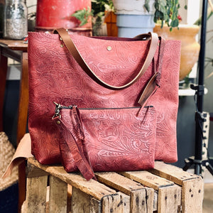 Tooled Red Leather Tote/Clutch Set