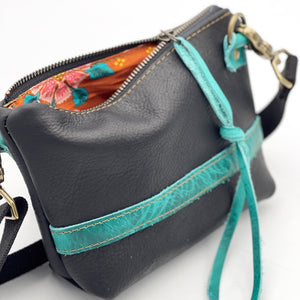 Small Black Leather Crossbody with Turquoise Stripe