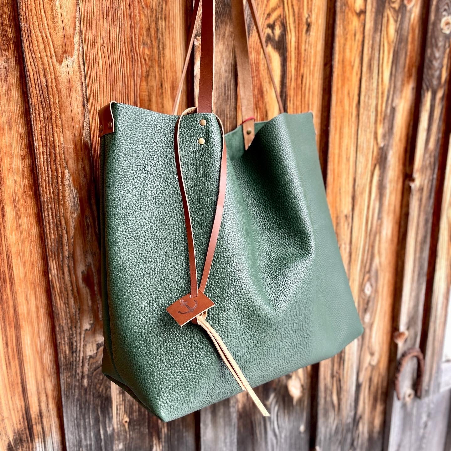 Large Green Leather Tote and Clutch Set