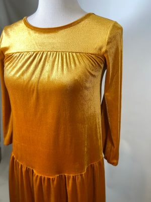 Girls Mustard Velour Tiered Dress
