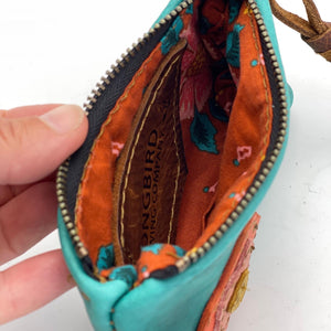 Turquoise Leather Pouch with Flower
