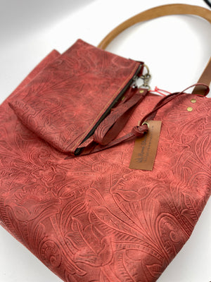 Tooled Red Leather Tote/Clutch Set