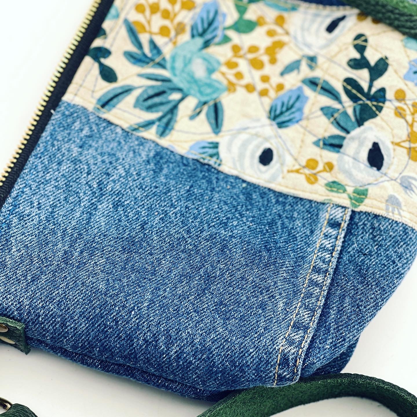 Upcycled Denim/Rifle Paper Co Floral Canvas Pouch – Songbird