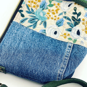 Upcycled Denim/Rifle Paper Co Floral Canvas Pouch