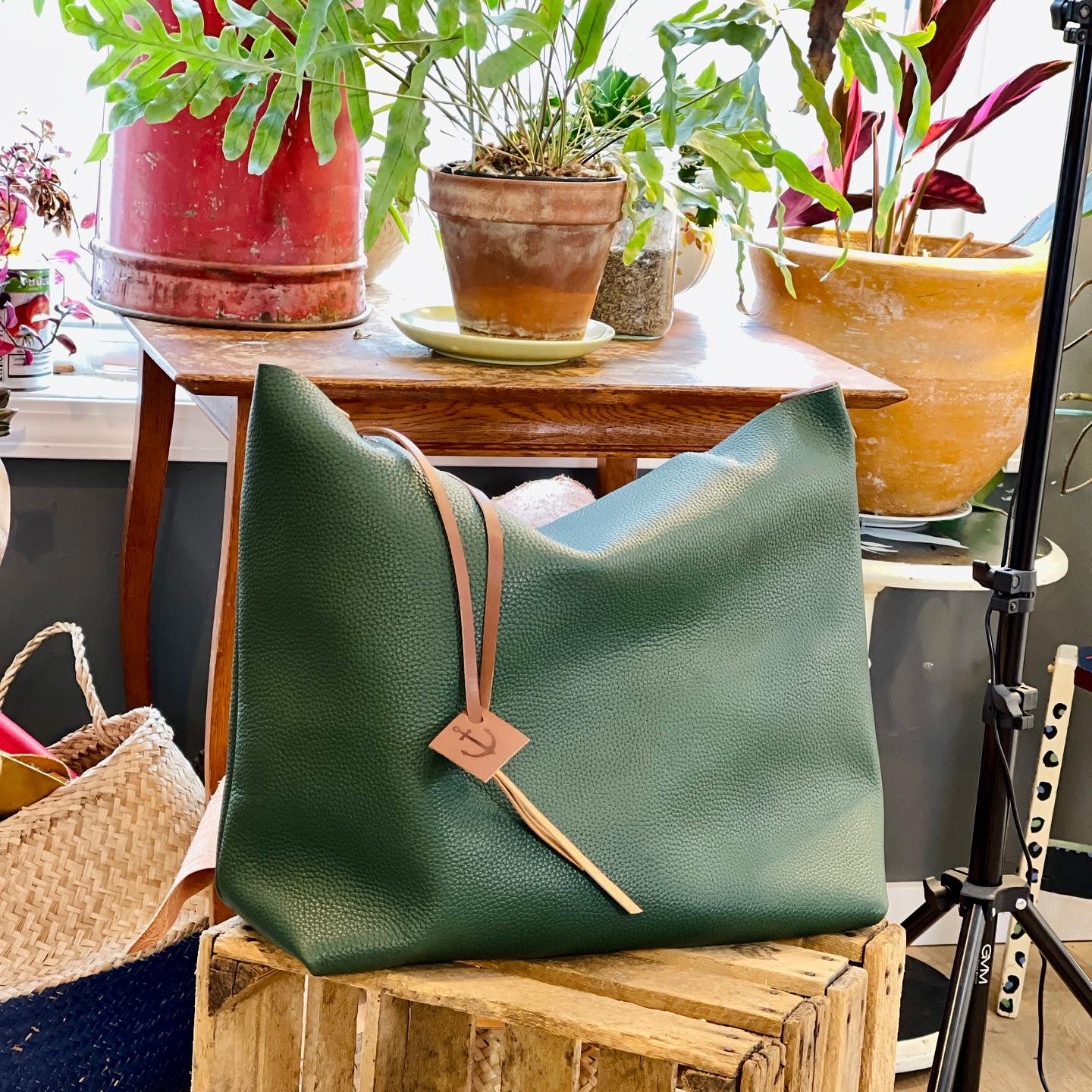 Large Green Leather Tote and Clutch Set