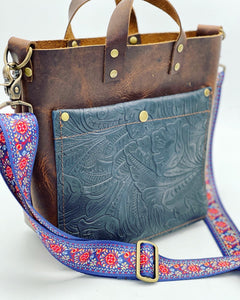 Navy Tooled/Brown Leather Mini Tote